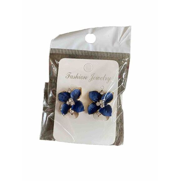 Floral Stud Earrings Fashion Jewelry Blue Rhinestone Clip On Studs - Picture 1 of 4